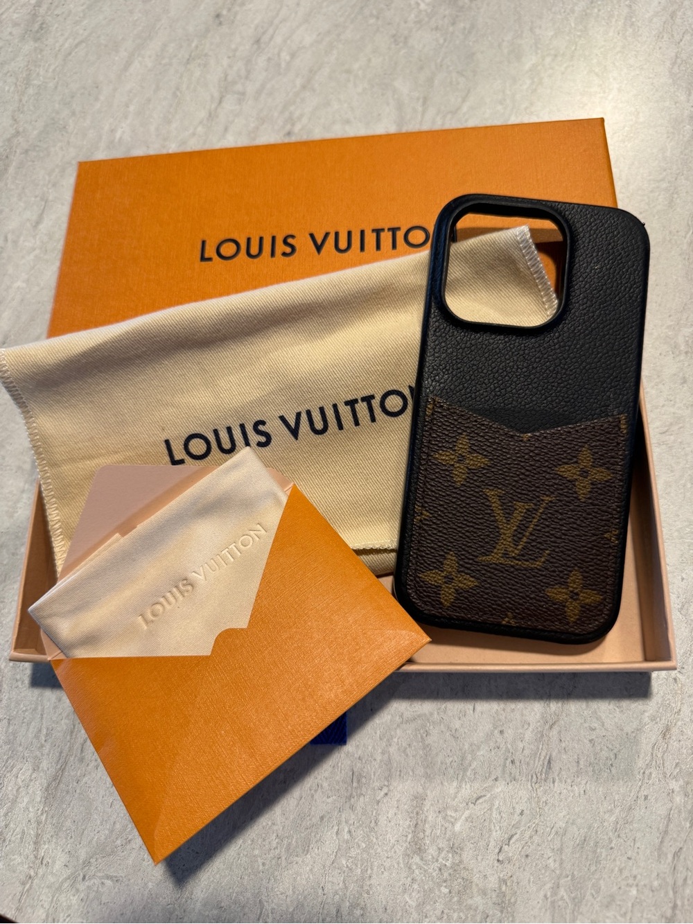 Louis Vuitton Black & Brown Monogram Leather Phone Case for iPhone 15 Pro